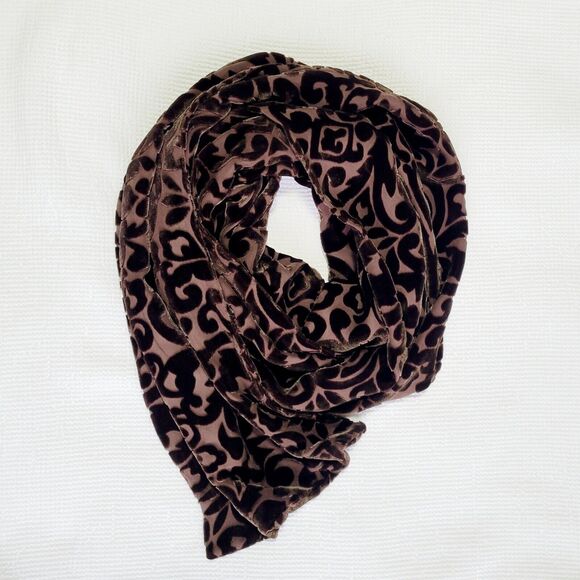 Chocolate Brown Burnout / Flocked Velvet Rectangular Scarf Boho Whimsygoth 68" - Picture 2 of 6